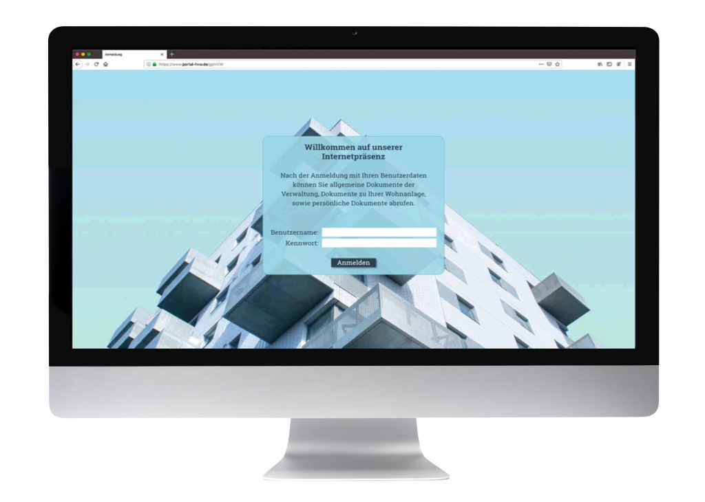 PC-Bildschirm mit einem einem Häuserblock als Bildschirmhintergrund und Eingabemaske für den Zugang zum Internetportal von Giesse + Partner