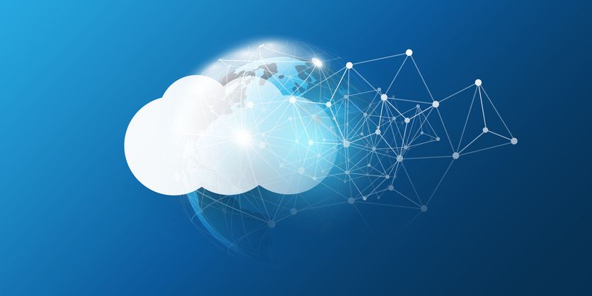 Eine weiße Wolke und symbolische Darstellung von Netzwerkverbindungen durch weiße Punkte und Linie auf blauem Hintergrund; zur Symbolisierung der Vernetzung mit anderen Marktakteuren